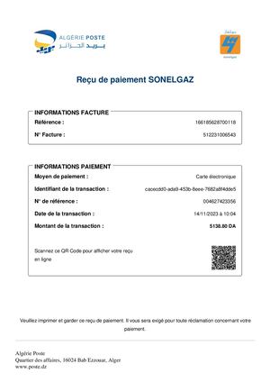 Reçu De Paiement Sonelgaz 4627423356 231119 102954