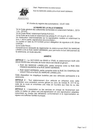 23-AT-1455 Arrête De Réglementation Du Stationnement Rue Du Marché Lanselles Et Rue Saint Germain à Amiens, Le 24 Novembre 2023
