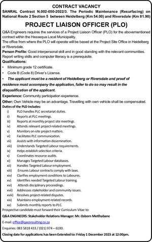 Contract vacancy available for a Project Liaison Officer