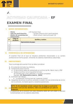 EXAMEN FINAL - MATEMATICA BASICA  SOLUCION 920392367