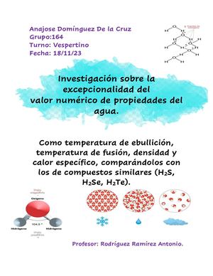 Tarea De Investigación Sobre La Excepcionalidad Del Valor Numérico De Propiedades Del Agua Como Temperatura De Ebullición