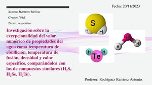 Investigación sobre la  excepcionalidad del valor  numérico de propiedades del  agua como temperatura de  ebullición, temperatura de  fusión, densidad y calor  específico, comparándolos con  los de compuestos similares (H2S,  H2Se, H2Te).