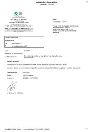 Attestation Parution 10781444 - Quartier Schmit