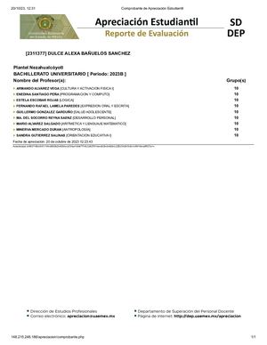 Comprobante De Apreciación Estudiantil Das