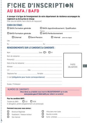 Fiche D'inscription BAFA/BAFD 2024