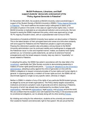Policy Against Genocide Support, Mc Gill Professors, Librarians, And Staff