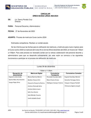 Circular 468 Proceso De Matrícula Curso Lectivo 2024