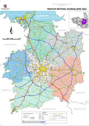 Carte 2022 des trafics moyens journaliers sur le réseau routier national et départemental en Ille-et-Vilaine