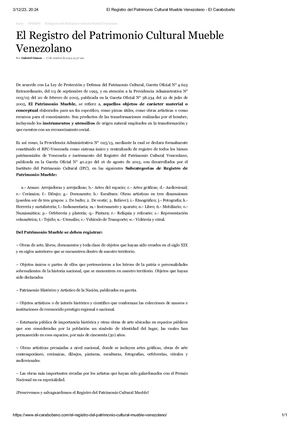 El Registro Del Patrimonio Cultural Mueble Venezolano. Diario: El Carabobeño