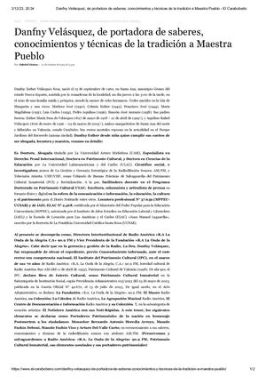 Danfny Velásquez, De Portadora De Saberes, Conocimientos Y Técnicas De La Tradición A Maestra Pueblo. Diario: El Carabobeño