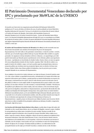 El Patrimonio Documental Venezolano Declarado Por Ipc Y Proclamado Por MoWlac De La Unesco. Diario: El Carabobeño