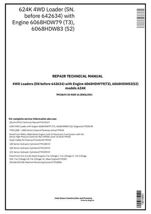 John Deere 624k Loader Technical Service Repair Manual Tm10691