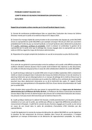 Problèmes Syndic Cabinet Balzano David Hattez 2023 Etc Giffard Jean Gaiao Mj2l Compte Rendu De Réunion D'information Coproprietaires Novembre 2023
