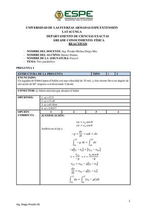 Reactivos Experimento P1 Fisica Uno Tiro Parabolico