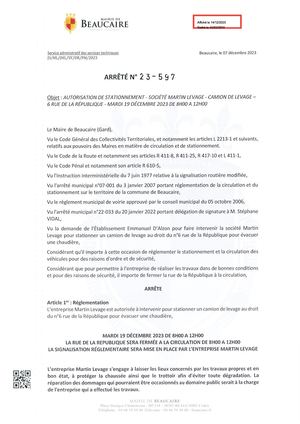Parution Des Actes Administratifs Du 14 Decembre 2023 (Arrêtés)