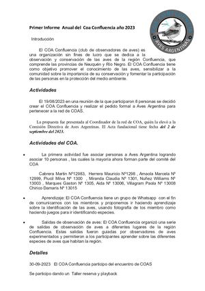 Primer Informe Anual Del Coa Confluencia Año 2023
