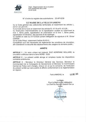 23 Ap 0239 Arrête De Réglementation De La Circulation Rue Adrienne Bolland à Amiens
