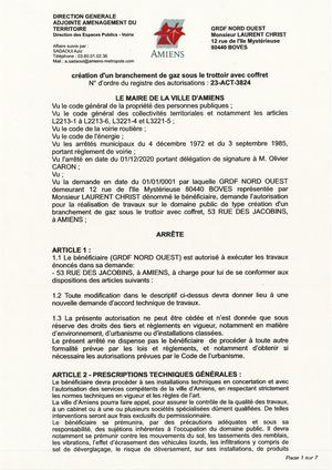 23-ACT-3824 Arrête De Création D'un Branchement De Gaz Sous Le Trottoir Avec Coffret, 53 Rue Des Jacobins à Amiens