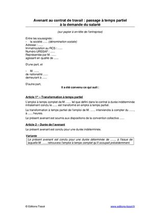 Modèle d'avenant au contrat de travail : passage à temps partiel à la demande du salarié
