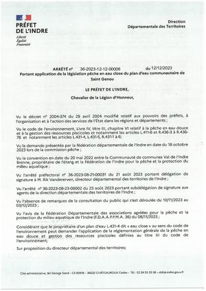 Arrêté Plan D'eau Saint Genou Peche