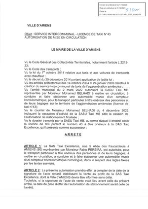 Ar1 2023 01542 Arrêté Licence De Taxi N°43 Autorisation De Mise En Circulation Sas Taxi Excellence