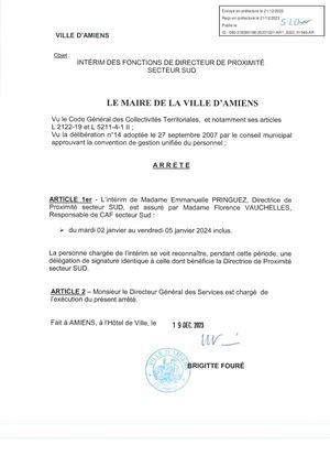 Ar1 2023 01546 Arrête D'intérim Des Fonctions De Directeur De Proximité Secteur Sud De Mme Pringuez