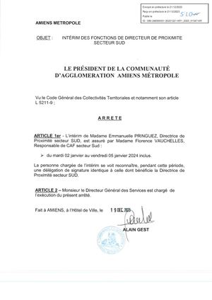 Ar1 2023 01547 Arrête D'intérim Des Fonctions De Directeur Secteur Sud De Mme Pringuez Am