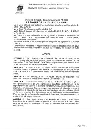 23-AT-1596 Arrête De Réglementation De La Circulation Et Du Stationnement Boulevard Chateaudun Et Chemin Des Hayettes à Amiens, Du 19 Février Au 15 Mars 2024