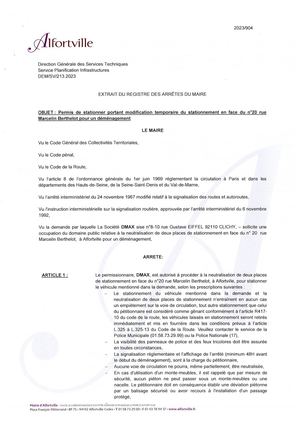 2023 904 Arrêté_permis De Stationner N°20 Rue Marcelin Berthelot Déménagement