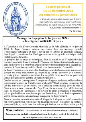Bulletin Paroissial Du 30 Décembre 2023 Au 7 Janvier 2024