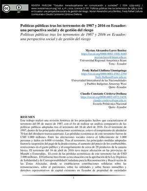 Políticas públicas tras los terremotos de 1987 y 2016 en Ecuador: una perspectiva social y de gestión del riesgo