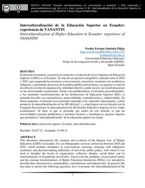 Interculturalización de la Educación Superior en Ecuador: experiencia de YANANTIN