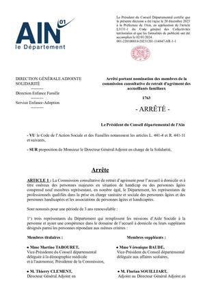 Arrêté Portant Nomination Des Membres De La Commission Consultative De Retrait D'agrément Des Accueillants Familiaux