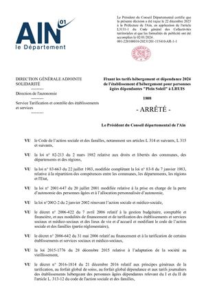Fixant Les Tarifs Hébergement Et Dépendance 2024 De L'établissement D'hébergement Pour Personnes âgées Dépendantes Plein Soleil à LHUIS