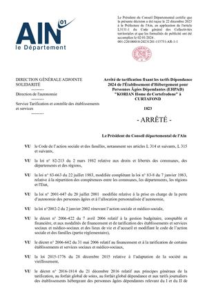 Arrêté De Tarification Fixant Les Tarifs Dépendance 2024 De L'Établissement D'Hébergement Pour Personnes Âgées Dépendantes (EHPAD) KORIAN Home De Cortefredone à CURTAFOND