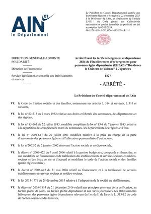 Arrêté Fixant Les Tarifs Hébergement Et Dépendance 2024 De L'établissement D'hébergement Pour Personnes âgées Dépendantes (EHPAD) Résidence Le Château De Valence à Jujurieux