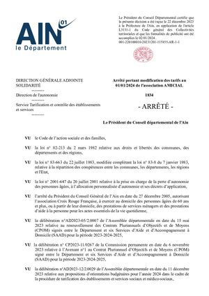 Arrêté Portant Modification Des Tarifs Au 01 01 2024 De L'association Amicial