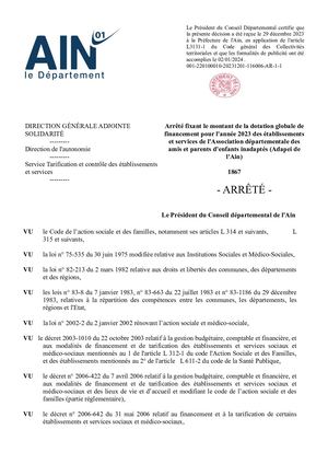 Arrêté Fixant Le Montant De La Dotation Globale De Financement Pour L'année 2023 Des établissements Et Services De L'Association Départementale Des Amis Et Parents D'enfants Inadaptés (Adapei De L'Ain).