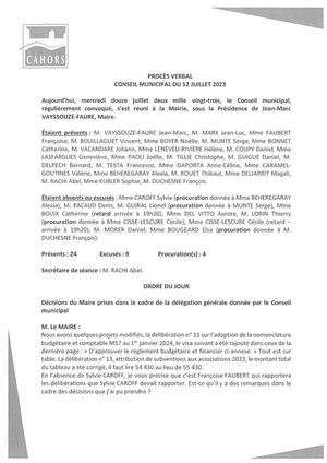 Procès verbal du conseil municipal - Séance du 12 juillet 2023
