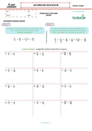 5 Sinif Kesirlerle Islemler Toplama Islemleri Calisma Kagidi