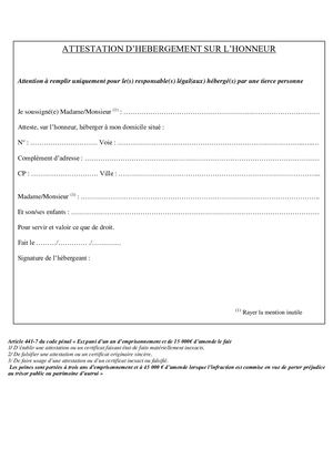 Attestation HEBERGEMENT