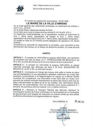 23 At 1626 Arrête De Réglementation De La Circulation Boulevard De Beauville à Amiens Du 15 01 Au 26 01 2024