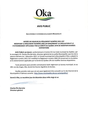 2021 - Avis Publics ((Dernier ajout 9 décembre)