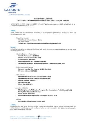 Décision du 22 Décembre 2023 : Fixation du Programme Philatélique 2025
