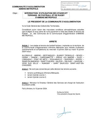 AR1-2024-00028 Arrêté D'interdiction D'utilisation Des Stades Et Terrains De Football Herbeux D'Amiens Métropole, Du 10 Au 16 Janvier 2024