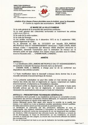 23-ACT-0071 Arrête De Création D'un Réseau D'eaux Pluviales Sous Le Trottoir, Sous La Chaussée, Chemin Noir à Amiens