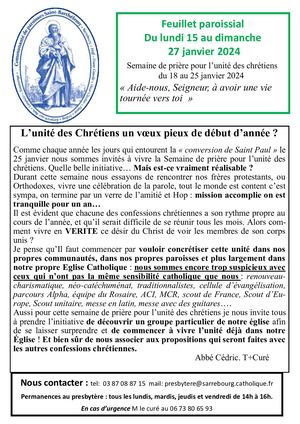 Feuille Paroissiale Du 15 Au 27 Janvier 2024