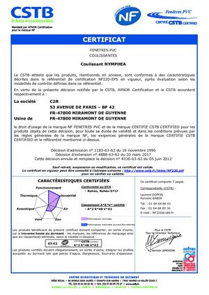 Certificat NF CSTBat Coulissant PVC