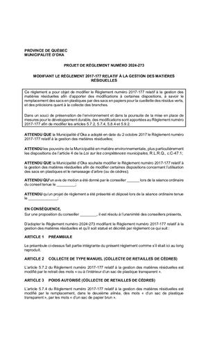 2024-01-16 - Projet de Règlement 2024-273 (relatif à la gestion des matières résiduelles)