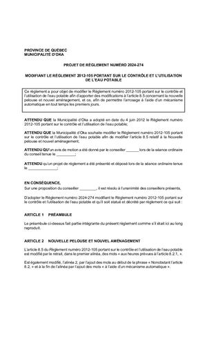 2024-01-16 - Projet de Règlement 2024-274 (relatif à l'eau potable)